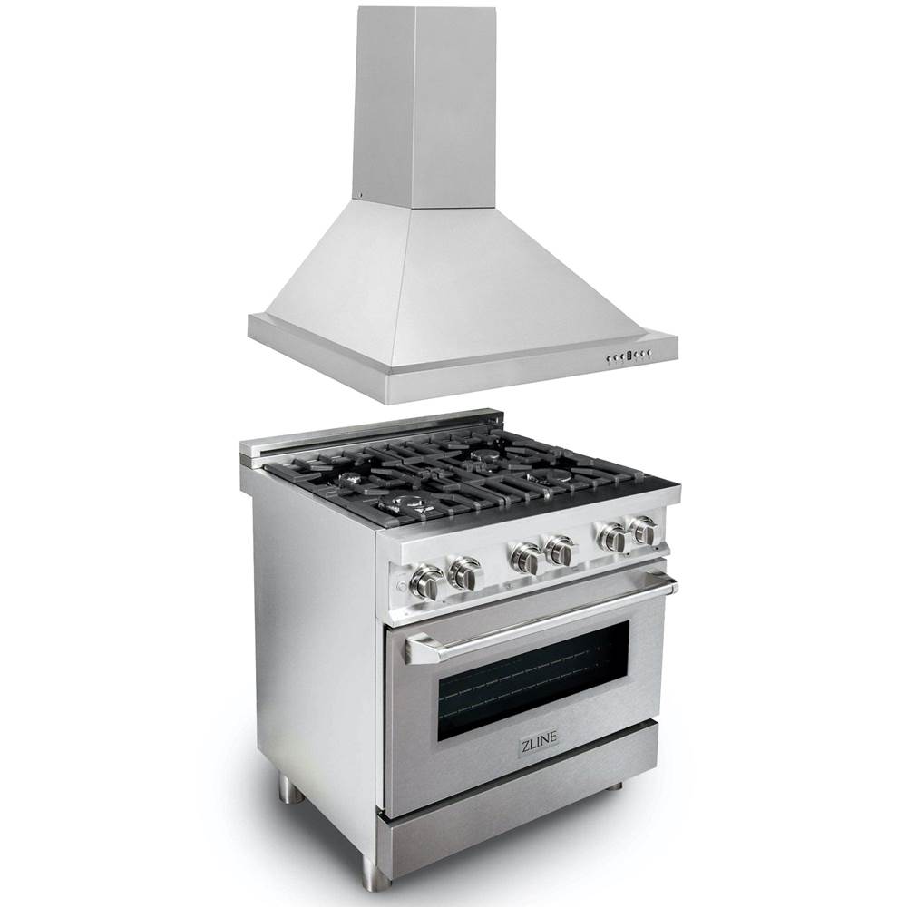 Z-Line 30'' Kitchen Package with Stainless Steel Dual Fuel Range with DuraSnow Door and Convertible Vent Range Hood