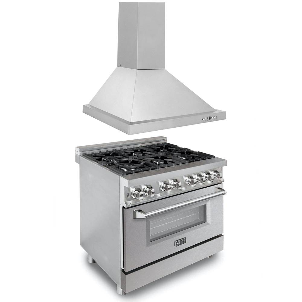 Z-Line 36'' Kitchen Package with Stainless Steel Dual Fuel Range with DuraSnow Door and Convertible Vent Range Hood