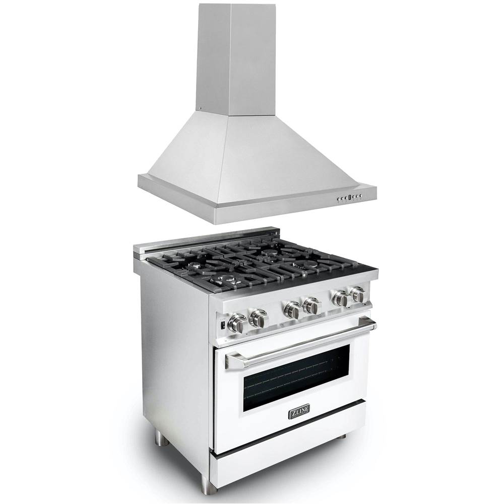 Z-Line 30'' Kitchen Package with Stainless Steel Dual Fuel Range with Whiite Matte Door and Convertible Vent Range Hood