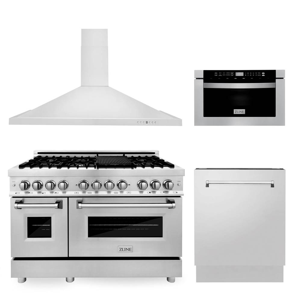 Z-Line 48'' Kitchen Package with Stainless Steel Dual Fuel Range, Range Hood, Microwave Drawer and Tall Tub Dishwasher