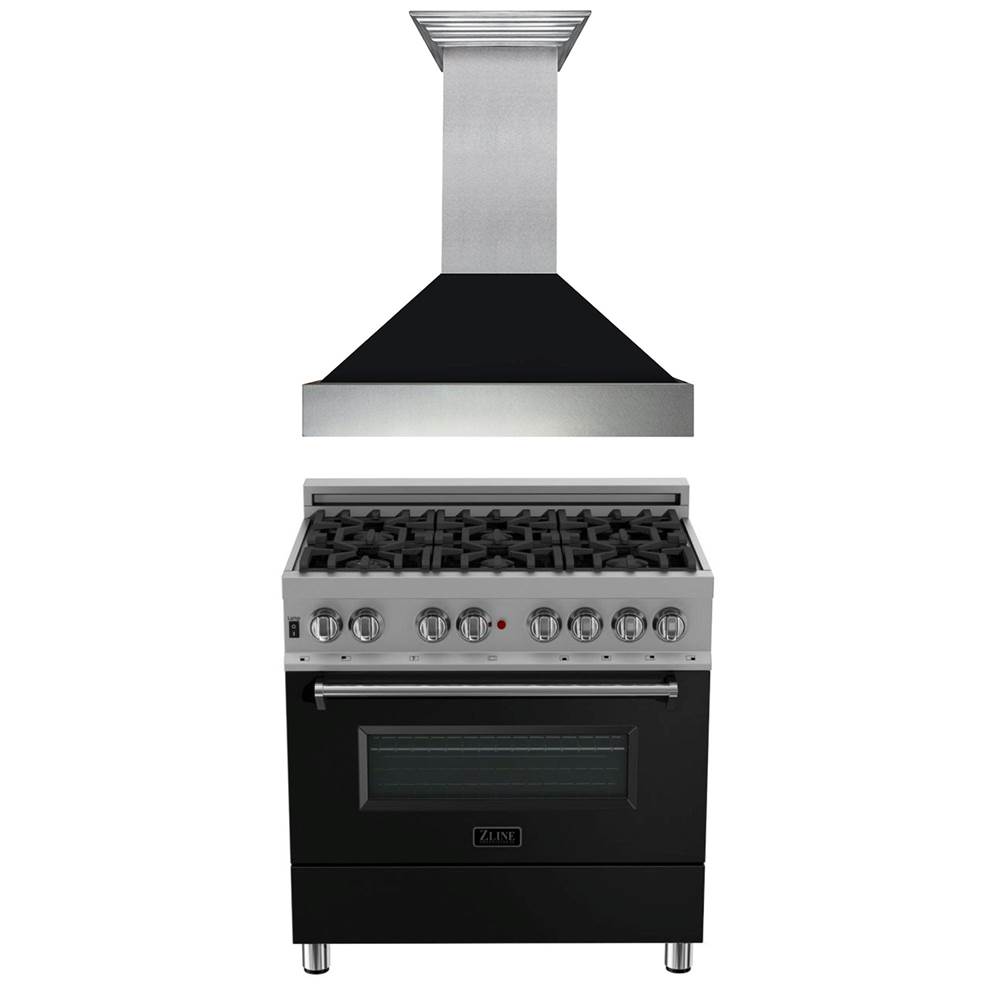Z-Line 36'' Kitchen Package with DuraSnow Stainless Steel Dual Fuel Range with Black Matte Door and Convertible Vent Range Hood