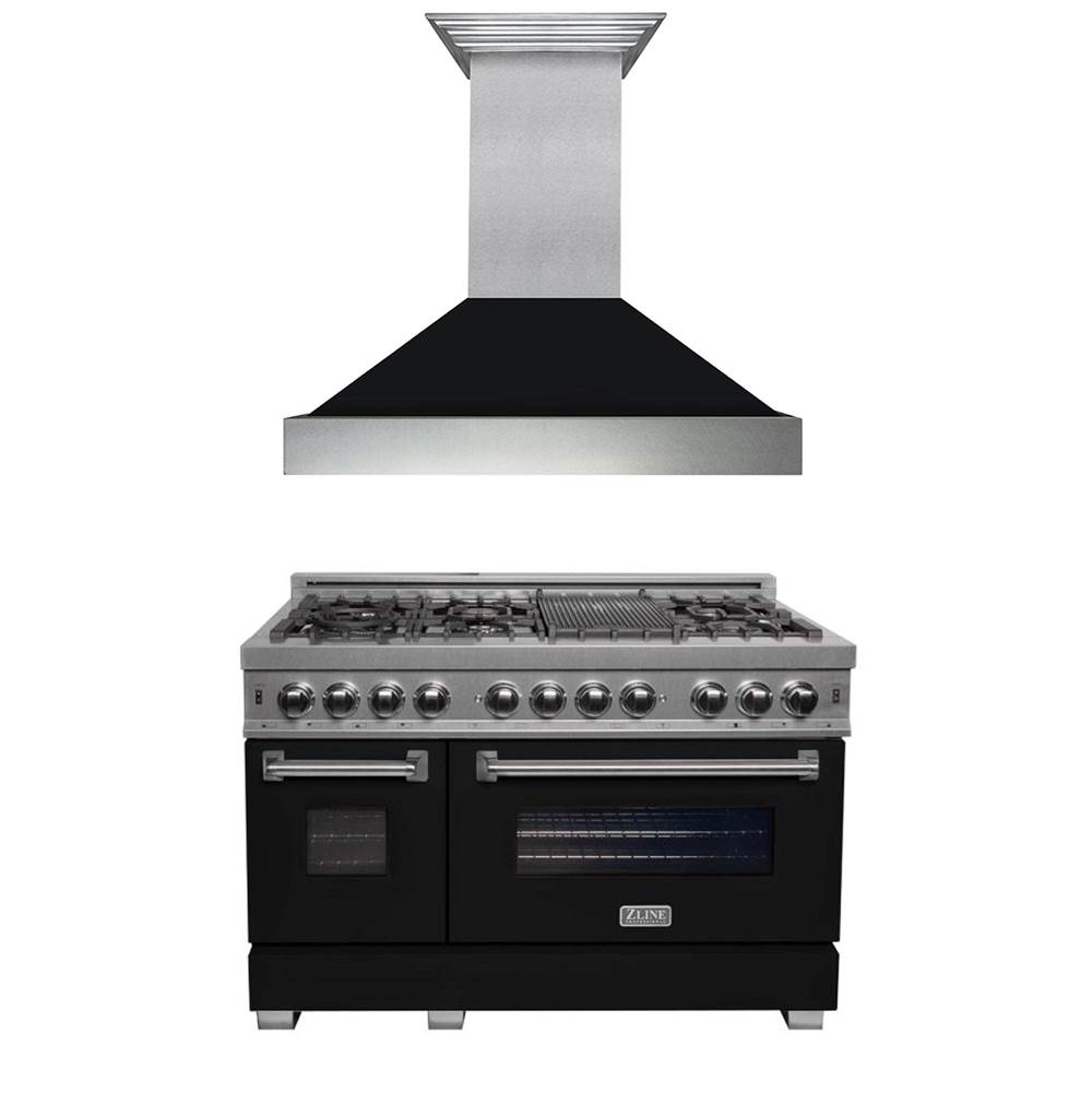 Z-Line 48'' Kitchen Package with DuraSnow Stainless Steel Dual Fuel Range with Black Matte Door and Convertible Vent Range Hood