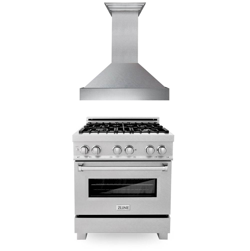 Z-Line 30'' Kitchen Package with DuraSnow Stainless Steel Dual Fuel Range and Convertible Vent Range Hood