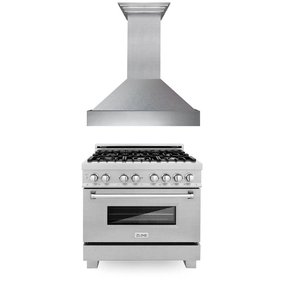 Z-Line 36'' Kitchen Package with DuraSnow Stainless Steel Dual Fuel Range and Convertible Vent Range Hood