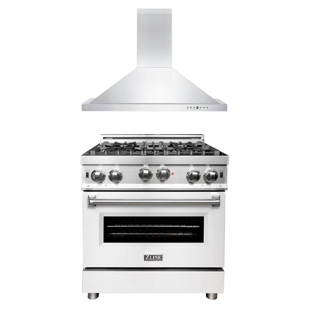 Z-Line 30'' Kitchen Package with Stainless Steel Gas Range with White Matte Door and Convertible Vent Range Hood