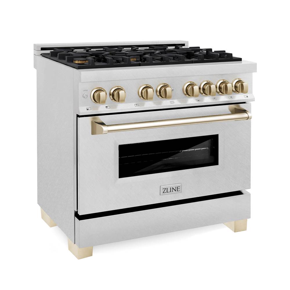 Z-Line 36'' 4.6 cu.' Range with Gas Stove and Gas Oven in DuraSnow Stainless Steel with Gold Accents