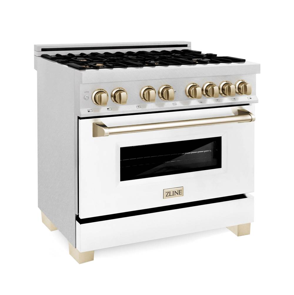 Z-Line 36'' 4.6 cu.' Range with Gas Stove and Gas Oven in DuraSnow Stainless Steel with White Matte Door and Gold Accents