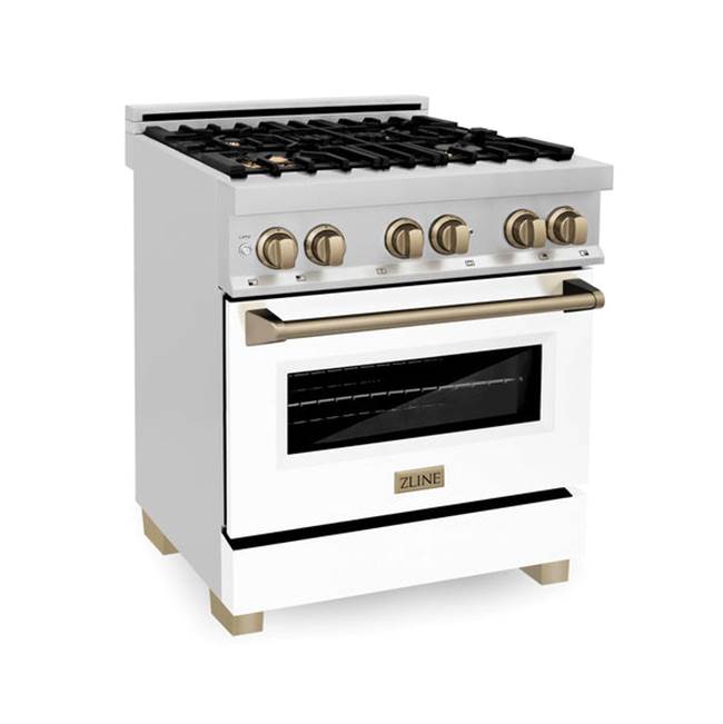 Z-Line Autograph Edition 30'' 4.0 cu.' Range with Gas Stove and Gas Oven in Stainless Steel with White Matte Door and Champagne Bronze Accents