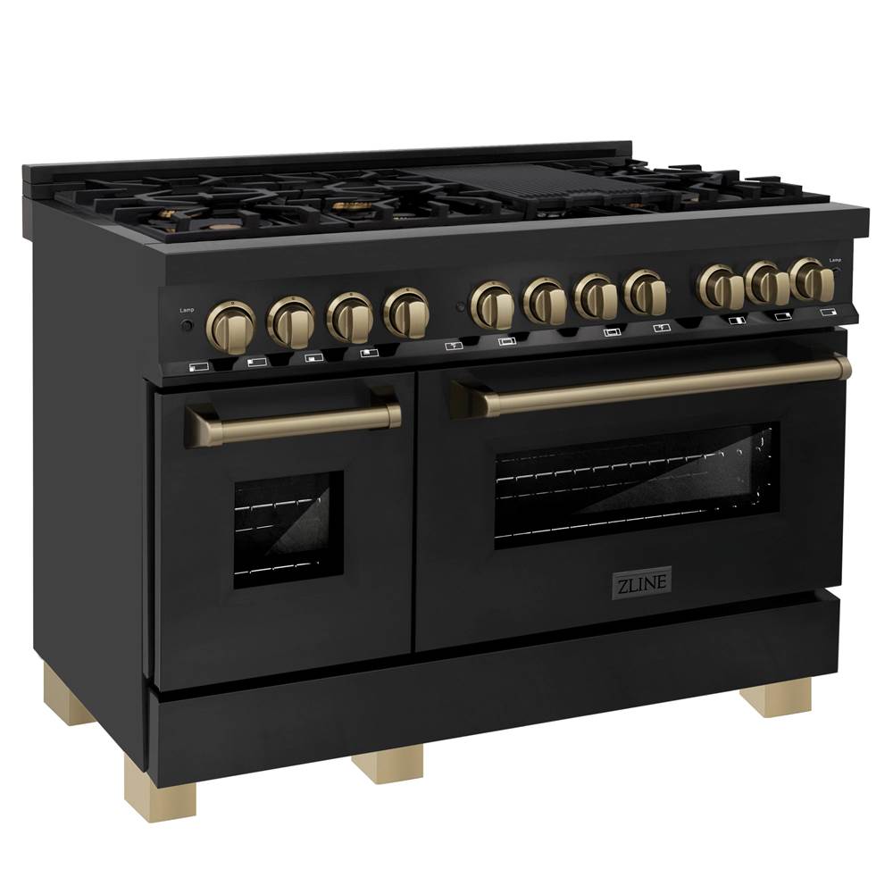 Z-Line Autograph Edition 48'' 6.0 cu.' Dual Fuel Range with Gas Stove and Electric Oven in Black Stainless Steel with Champagne Bronze Accents