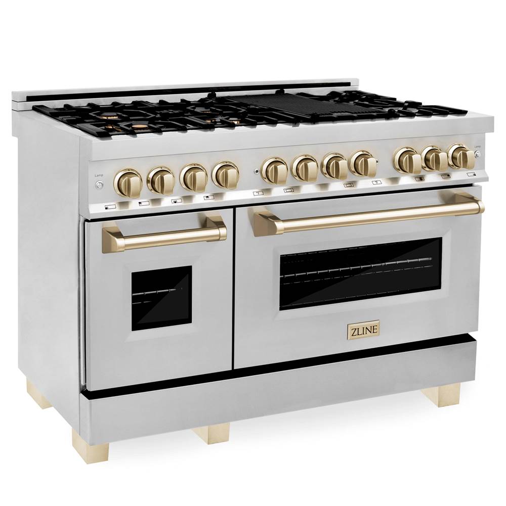 Z-Line Autograph Edition 48'' 6.0 cu.' Dual Fuel Range with Gas Stove and Electric Oven in Stainless Steel with Gold Accents