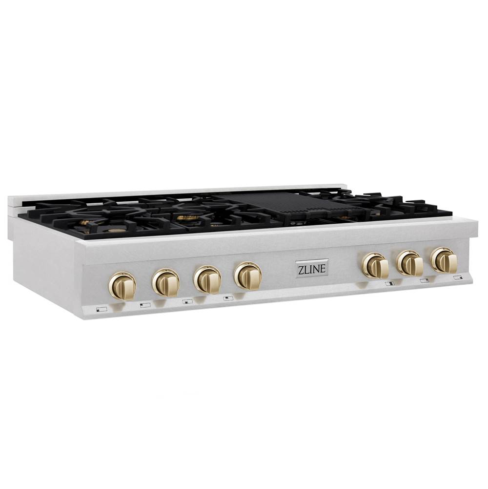 Z-Line Autograph Edition 48'' Porcelain Rangetop with 7 Gas Burners in DuraSnow Stainless Steel and Gold Accents