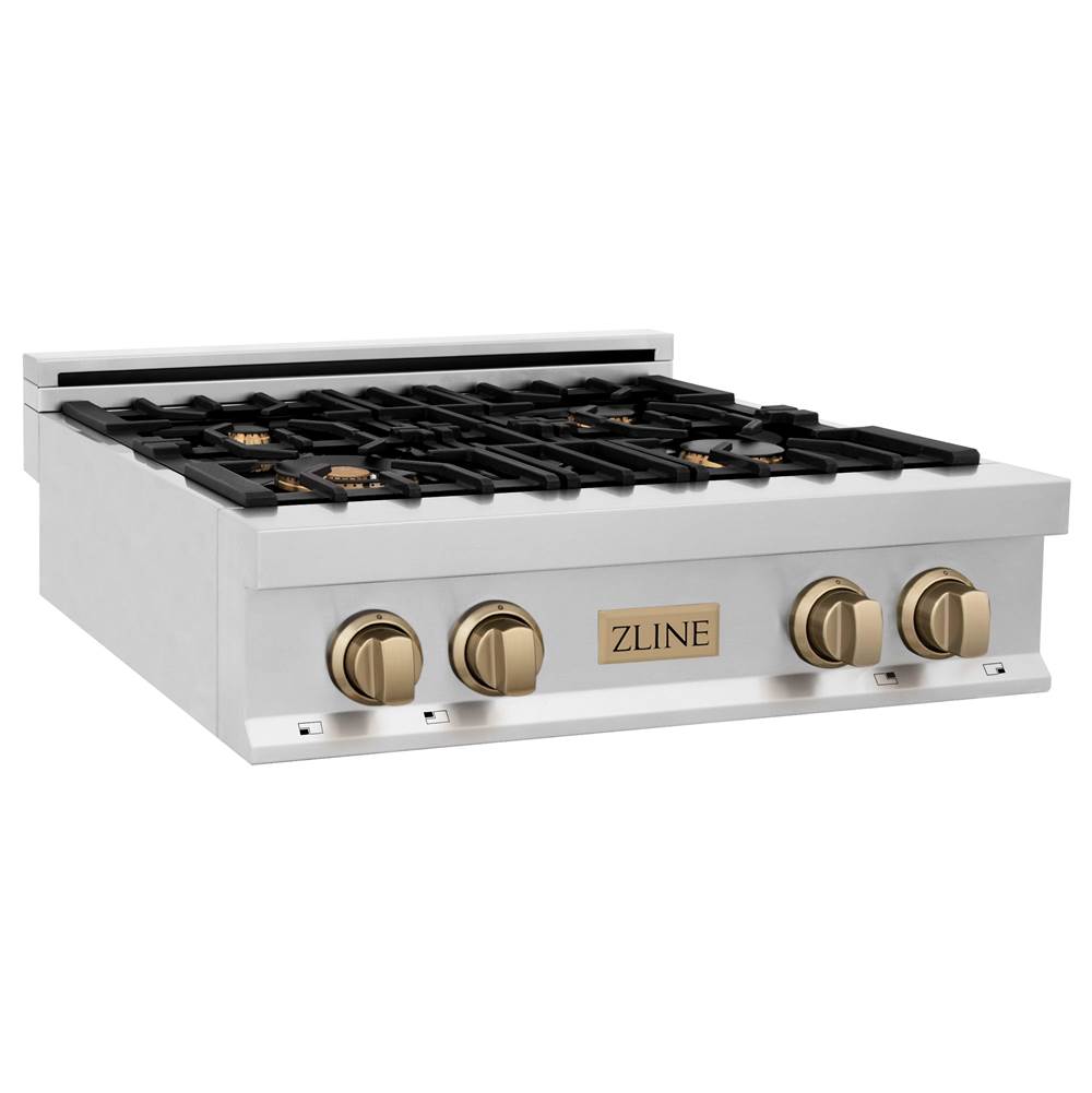 Z-Line Autograph Edition 30'' Porcelain Rangetop with 4 Gas Burners in Stainless Steel and Champagne Bronze Accents