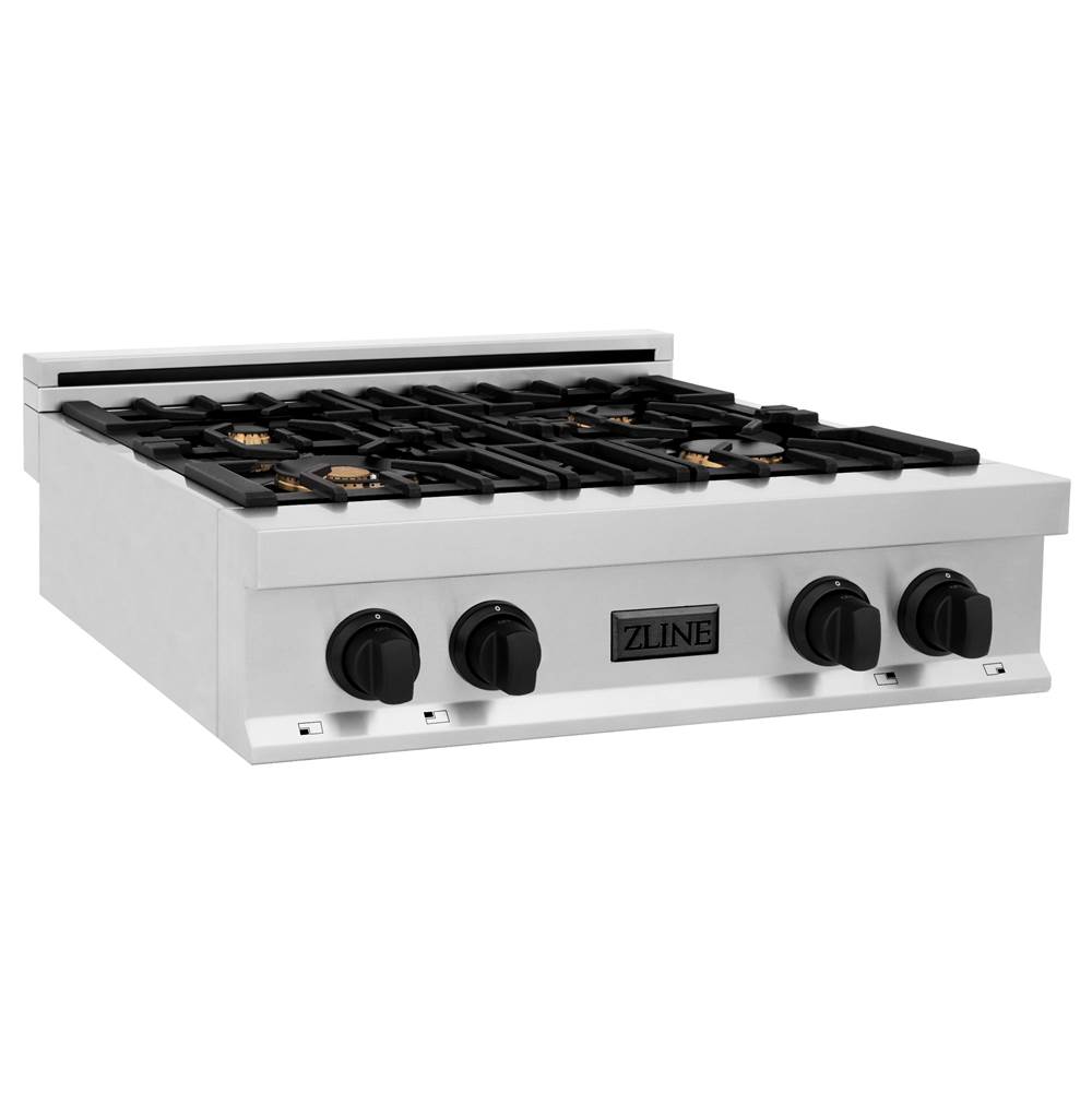 Z-Line Autograph Edition 30'' Porcelain Rangetop with 4 Gas Burners in Stainless Steel and Matte Black Accents