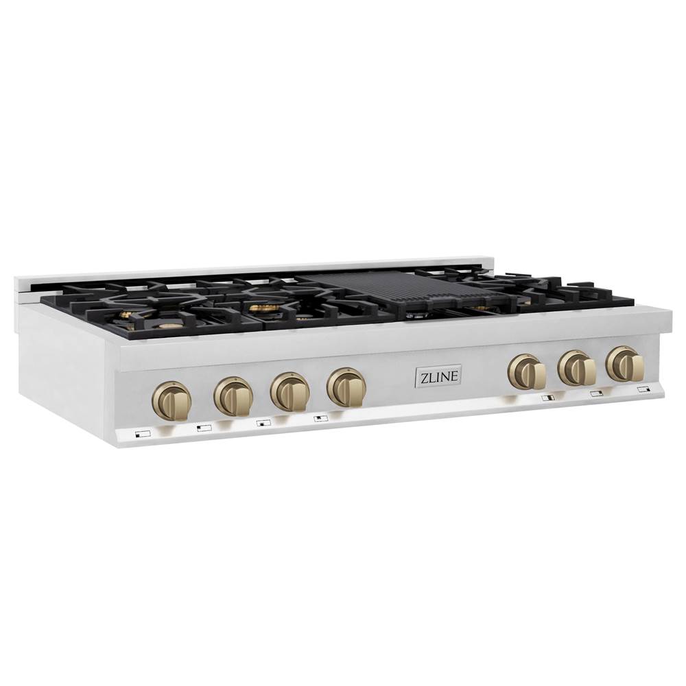 Z-Line Autograph Edition 48'' Porcelain Rangetop with 7 Gas Burners in Stainless Steel and Champagne Bronze Accents