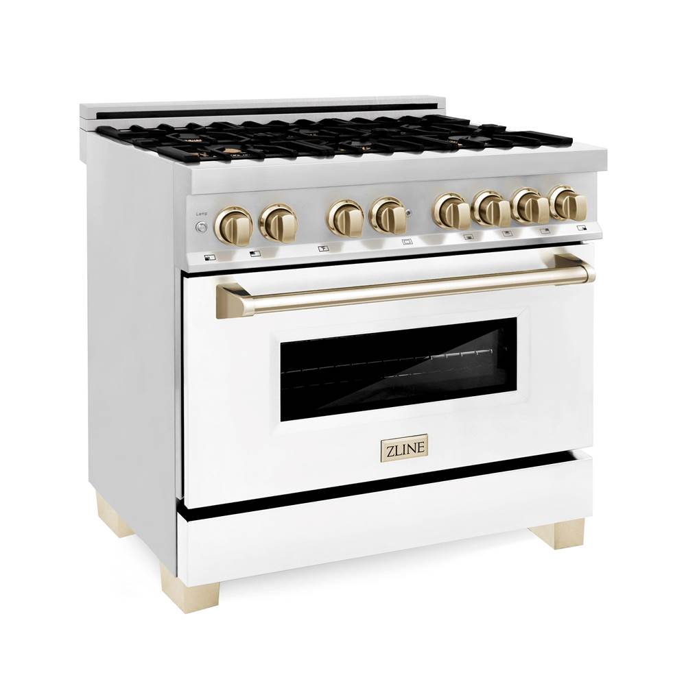 Z-Line Autograph Edition 36'' 4.6 cu.' Dual Fuel Range with Gas Stove and Electric Oven in Stainless Steel with White Matte Door and Gold Accents
